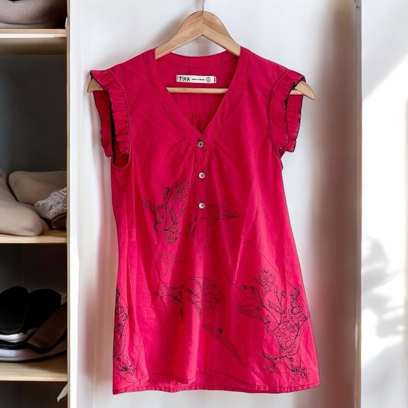 tiza amano Tops - Tiza Amano Sz 2 Sleeveless Ruffled Whale Embroidered Top 100% Cotton Boho Y2K